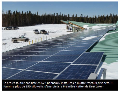 Le projet solaire consiste en 624 panneaux installés en quatre réseaux distincts. Il fournira plus de 150 kilowatts d'énergie à la Première Nation de Deer Lake.