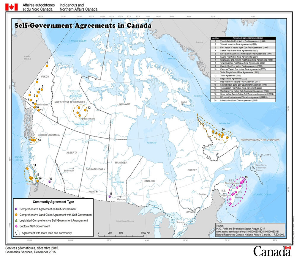 carte Ententes sur l'autonomie gouvernementale au Canada