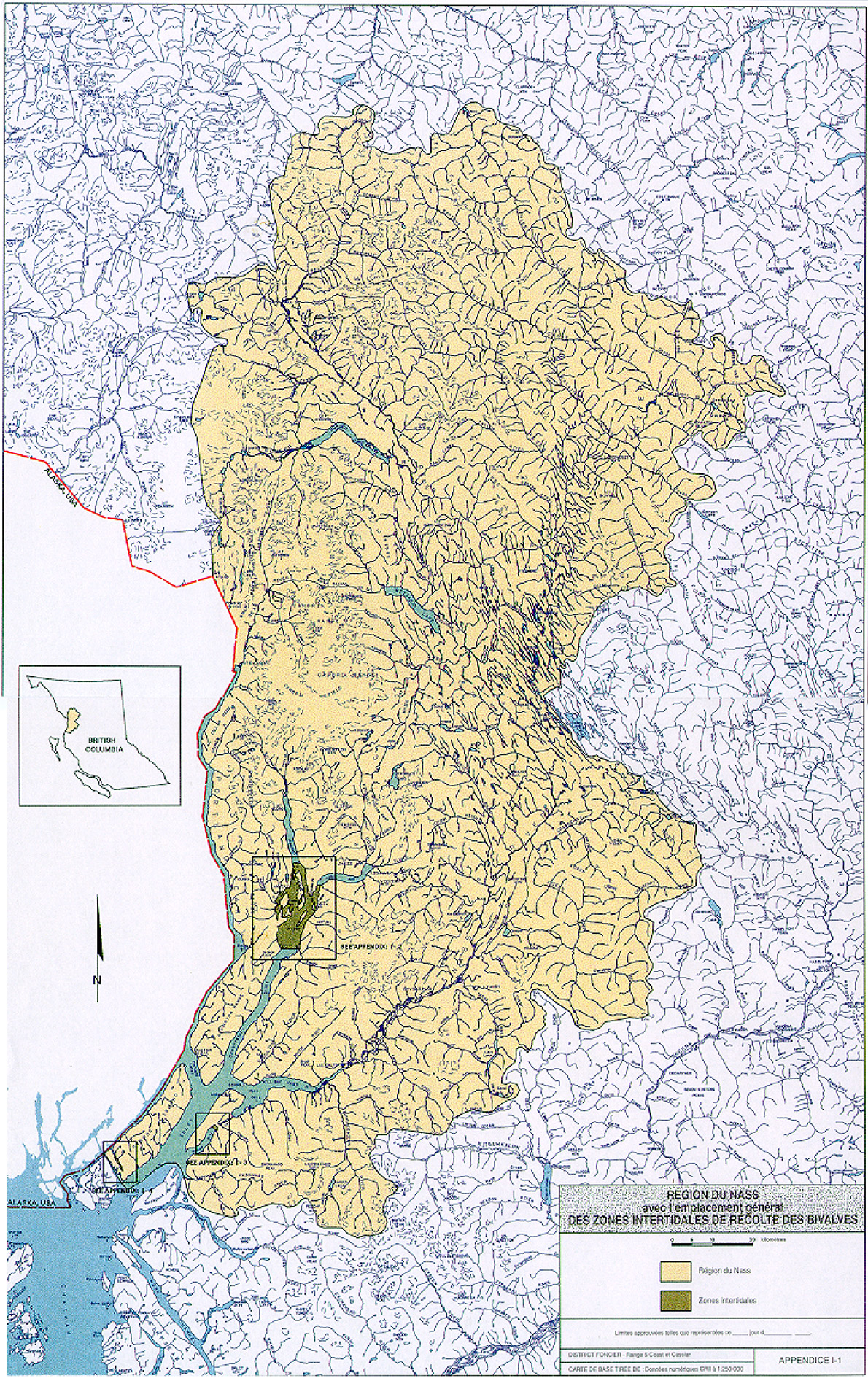 Carte de la région du Nass avec l'emplacement général des zones interdidales de récolte de bivalves