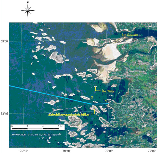 Appendice 1b - Carte de la limite sud de la région extracôtière de chevauchement des intérêts Cris et Inuit