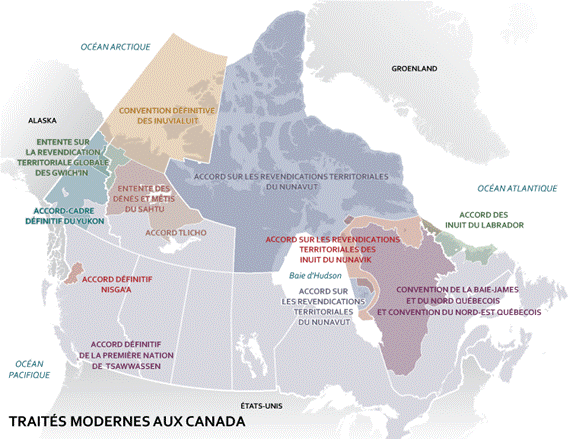 Carte des régions visées par une entente sur les revendications territoriales et l'autonomie gouvernementale